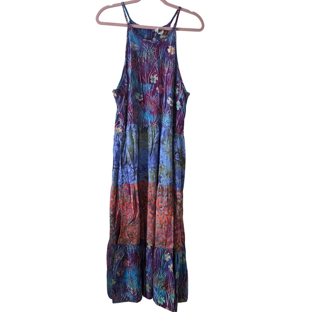Go Fish Vibrant Colorful Batik Tiered Maxi Dress Size Large